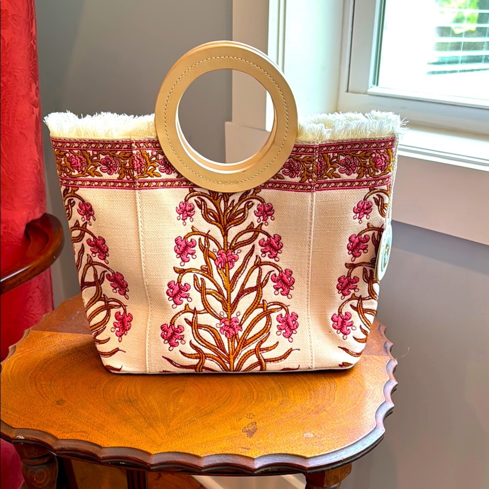 Spartina 449 Cream and Pink Floral Embroidered Tote